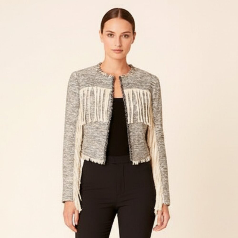 Sheri Bodell Heathered Grey Fringe Jacket, Size Small, Boho Western Statement